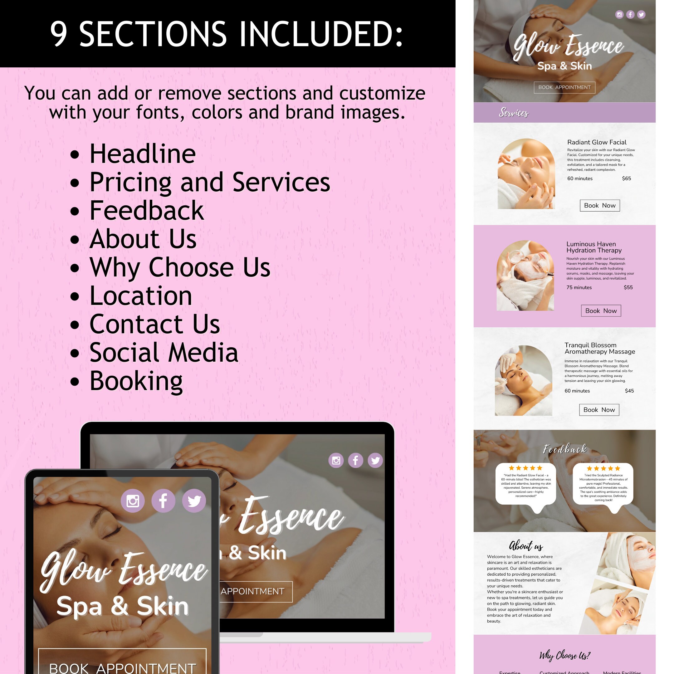 Esthetician Website Template, Canva Template for Spa, Salon, or Studio
