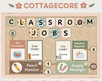 Cottagecore Classroom Jobs Chart | Editable Canva Template | 24 Jobs | Small & Long Cards | Number Labels | Boho Classroom Decor