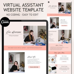 Puede incluir: Una plantilla de sitio web para asistentes virtuales. La plantilla presenta un esquema de color rosa y blanco con una foto de una mujer trabajando en una computadora portátil. El texto "Eva Harrison Asistente Virtual" se muestra en la parte superior de la página. La plantilla incluye secciones para "Acerca de mí", "Habilidades y servicios", "Cómo funciona" y "Elige tu plan".