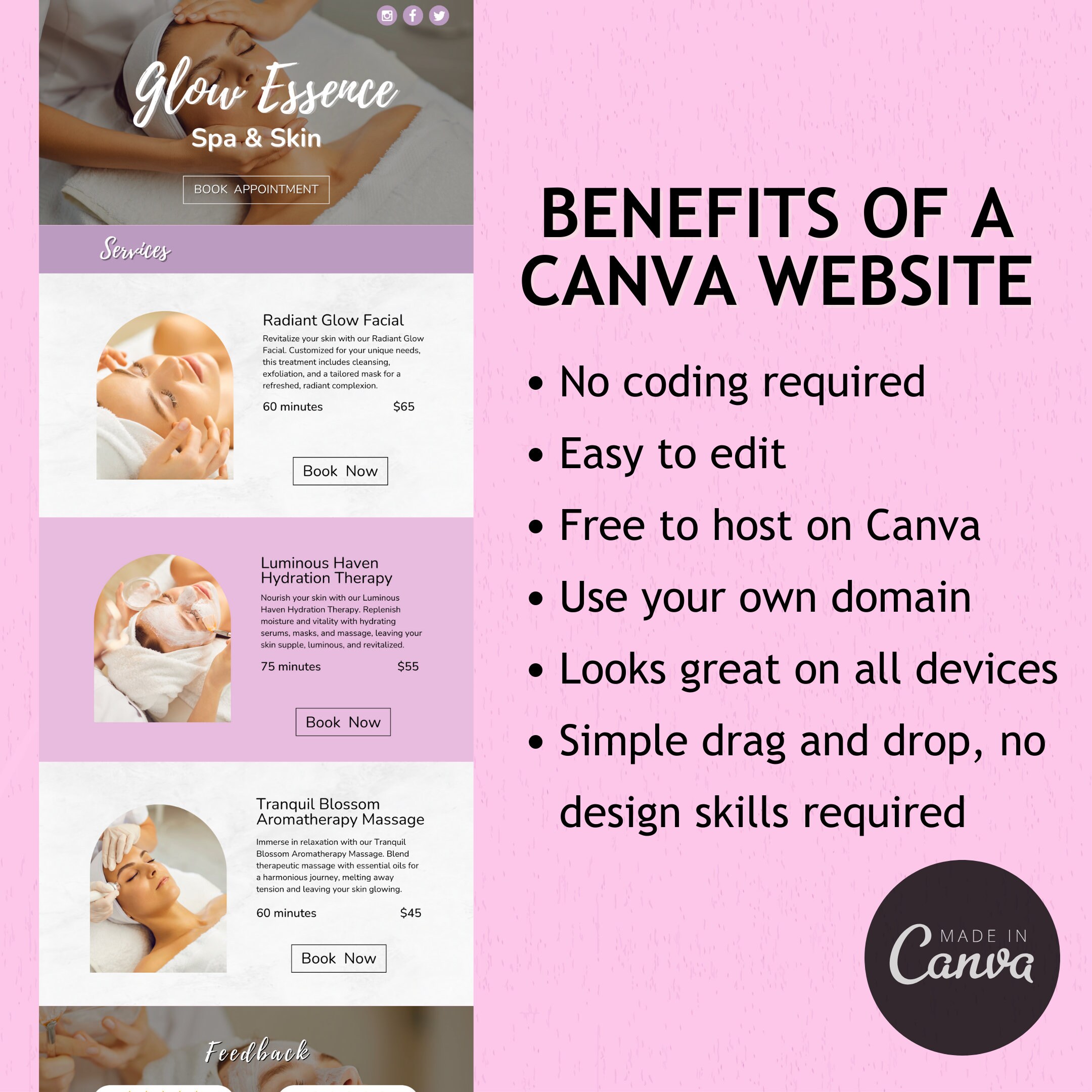 Esthetician Website Template, Canva Template for Spa, Salon, or Studio