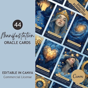 Editable Manifestation Oracle Cards Template, Celestial Blue Gold Canva DIY Deck, Printable Affirmation Cards for Life Coaches, Tarot Gift