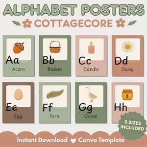 Cottagecore Alphabet Posters Editable Canva Template, Classroom Decor PreK Kindergarten, Boho Nature ABC Wall Art
