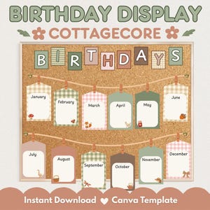 Cottagecore födelsedagsdisplay för klassrum, redigerbar födelsedagsdiagram Canva-mall, anslagstavla i salvia terrakotta, väggdekoration för lärare för födelsedag