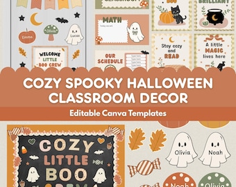Cozy Spooky Halloween Classroom Decor Bundle Editable Canva Cottagecore Door Decor Bulletin Board Posters Daily Slides Fall Set