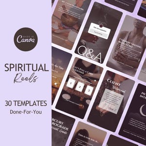 Puede incluir: Un conjunto de plantillas digitales para reels espirituales, con varios diseños y superposiciones de texto. Las plantillas incluyen elementos como preguntas y respuestas, lecturas de cartas y testimonios de clientes. El logotipo de Canva y el texto "30 Templates Done-For-You" también son visibles.
