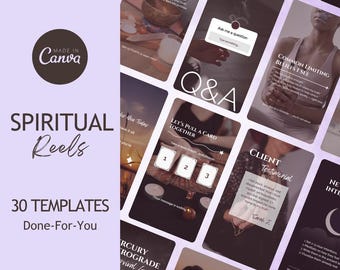 Modelli di video spirituali per coach modificabili in Canva per contenuti sui social media relativi a benessere, guarigione, mentalità e branding olistico