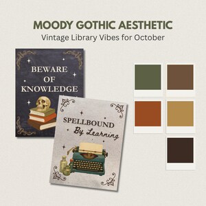 Puede incluir: Dos l&aacute;minas rectangulares con texto e ilustraciones. Una oscura dice BEWARE OF KNOWLEDGE con una calavera sobre libros. La otra clara dice SPELLBOUND By Learning con una m&aacute;quina de escribir y botellas. Se muestran cinco muestras de color.