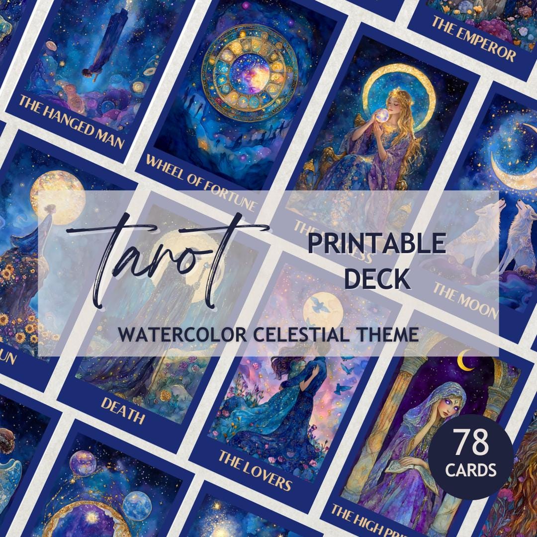 印刷可能な天体タロットデッキ 水彩画風 Canva テンプレート 宇宙