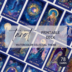 Printable Celestial Tarot Deck Watercolor Style Canva Template Cosmic Art Digital Download Commercial Use