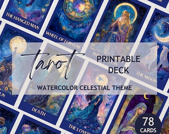 Printable Celestial Tarot Deck Watercolor Style Canva Template Cosmic Art Digital Download Commercial Use