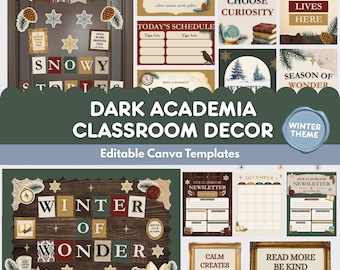 Dark Academia Classroom Decor Bundle, Cozy Winter Bulletin Board Kit, Editable Canva, Door Decor, Posters, Newsletter Templates, Slides