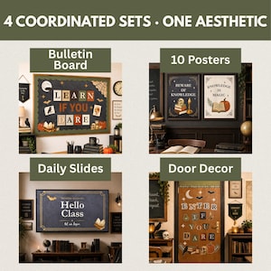Puede incluir: Un conjunto de cuatro decoraciones coordinadas para el aula que incluye un tabl&oacute;n de anuncios con el texto LEARN IF YOU DARE, diez p&oacute;steres con BEWARE OF KNOWLEDGE y KNOWLEDGE IS MAGIC, diapositivas con HELLO CLASS y decoraci&oacute;n de puerta ENTER IF YOU DARE.