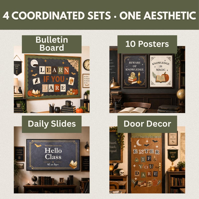 Puede incluir: Un conjunto de cuatro decoraciones coordinadas para el aula que incluye un tabl&oacute;n de anuncios con el texto LEARN IF YOU DARE, diez p&oacute;steres con BEWARE OF KNOWLEDGE y KNOWLEDGE IS MAGIC, diapositivas con HELLO CLASS y decoraci&oacute;n de puerta ENTER IF YOU DARE.