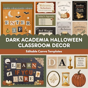 Dark Academia Halloween Classroom Decor Bundle, Editable Canva Slides Posters Bulletin Board Door Decor, Middle High School Gothic