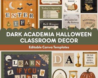 Dark Academia Halloween Classroom Decor Bundle, Editable Canva Slides Posters Bulletin Board Door Decor, Middle High School Gothic
