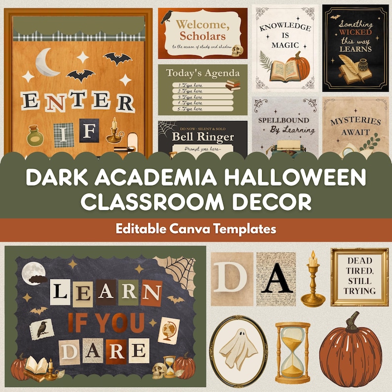 Dark Academia Halloween Classroom Decor Bundle, Editable Canva Slides Posters Bulletin Board Door Decor, Middle High School Gothic