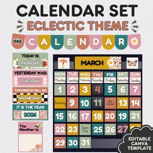 Eclectic Classroom Calendar Set, Retro Classroom Decor, Editable Canva Template, Pocket Chart Calendar, Flip Calendar, Vintage Decor