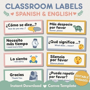 Könnte beinhalten: Ein Set aus acht rechteckigen Klassenzimmer-Etiketten mit spanischen und englischen Phrasen und passenden Symbolen. Der Text enthält Phrasen wie 'Cómo se dice', 'Más despacio por favor', 'Necesito más tiempo', 'Qué significa', 'Lo siento', 'Silencio por favor', 'Gracias' und 'Puede repetir por favor'.