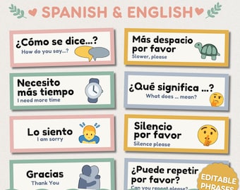 Spanish Classroom Phrases Posters | Bilingual Communication Cards | Editable Canva | Pastel Boho Decor | Spanish Class ELL Newcomer