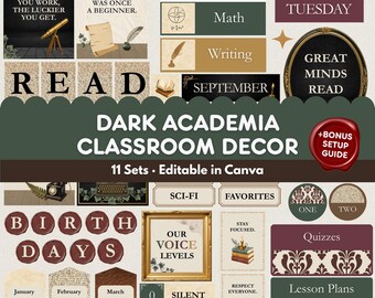 Dark Academia Classroom Decor Bundle, Editable Canva Templates, Middle High School Vintage Bulletin Board Set, Teacher Decor