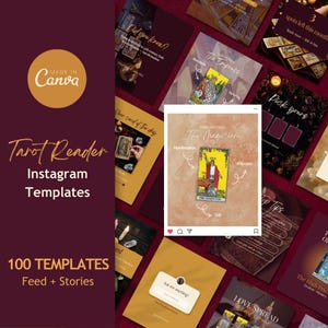 Puede incluir: Un conjunto de plantillas de Instagram para lectores de tarot. El diseño presenta un fondo burdeos con texto dorado y blanco. Las plantillas incluyen ilustraciones de cartas del tarot y texto como "El Mago" y "¡Pregúntame cualquier cosa!"