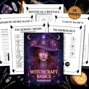 Puede incluir: Una colección de cuadernos de trabajo y guías para brujas principiantes. El cuaderno central, "Witchcraft Basics Workbook", presenta una ilustración de bruja. Otras guías incluyen "Mystical Crystals", "Shadow Work Basics", "The Zodiac Signs", "Tarot Basics" y "Numerology".