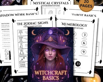 May include: A collection of workbooks and guides for beginner witches. The central workbook, "Witchcraft Basics Workbook," features a witch illustration. Other guides include "Mystical Crystals," "Shadow Work Basics," "The Zodiac Signs," "Tarot Basics," and "Numerology."