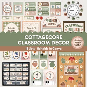 Klassenzimmer-Deko-Set im Cottagecore-Stil, bearbeitbare Canva-Vorlagen, Boho-Natur-Klassenzimmerthema, salbeigrüne Lehrerdekoration, 18 druckbare Sets