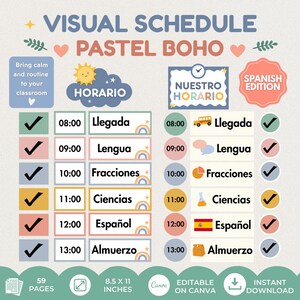 Könnte beinhalten: Ein visueller Stundenplan in einer Pastellfarbpalette mit dem Text VISUAL SCHEDULE PASTEL BOHO und SPANISH EDITION. Die Tabelle zeigt stündliche Zeitfenster von 08:00 bis 13:00 Uhr mit spanischen Bezeichnungen wie Llegada, Lengua und Almuerzo.