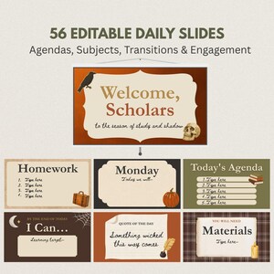 Puede incluir: Un conjunto de 56 diapositivas diarias editables con temas de estudio y sombra. Las diapositivas incluyen texto como Welcome, Scholars, Homework, Monday, Today's Agenda, I Can, Quote of the Day y Materials, decoradas con un cuervo, calavera y calabaza.