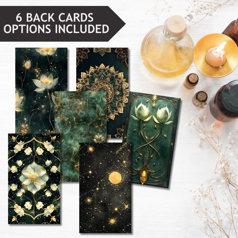 May include: Six tarot card backs with various designs, including floral, mandala, and celestial themes. The cards feature a dark green and gold color palette. The text "6 BACK CARDS OPTIONS INCLUDED" is in a black banner.