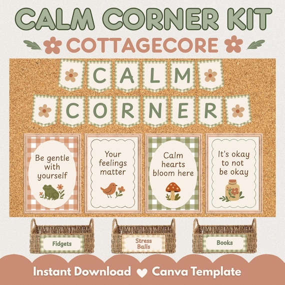 Calm Down Corner Kit Cottagecore Classroom Decor, Calming Strategies Posters, Emotion Cards, Editable Canva Template, Cozy Calm Corner