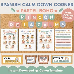 Puede incluir: Un kit de rincón de la calma en español con pósteres estilo boho en tonos pastel que incluyen el texto RINCÓN DE LA CALMA, ESTRATEGIAS PARA CALMARME, COMO ME SIENTO y POSES DE YOGA. Incluye etiquetas para caja sensorial y cesta de yoga.