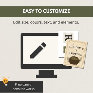 Puede incluir: Un gr&aacute;fico digital que muestra un monitor de computadora con un icono de l&aacute;piz, con el texto EASY TO CUSTOMIZE y Edit size, colors, text, and elements. Se muestra una tarjeta con el texto CURIOSITY IS BREWING y un caldero.