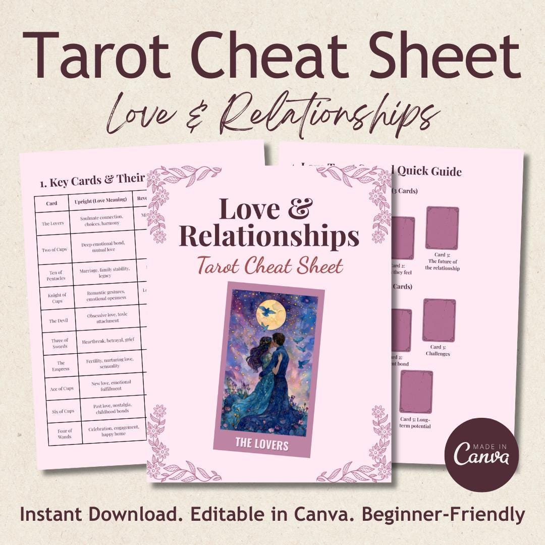 Love & Relationships Tarot Cheat Sheet Printable PDF Guide for