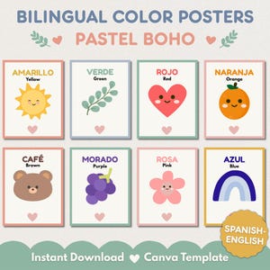 May include: Bilingual color posters with the text BILINGUAL COLOR POSTERS PASTEL BOHO. Eight cards display illustrations of a yellow sun, green leaves, red heart, orange, brown bear face, purple grapes, pink flower, and blue rainbow with Spanish and English labels.