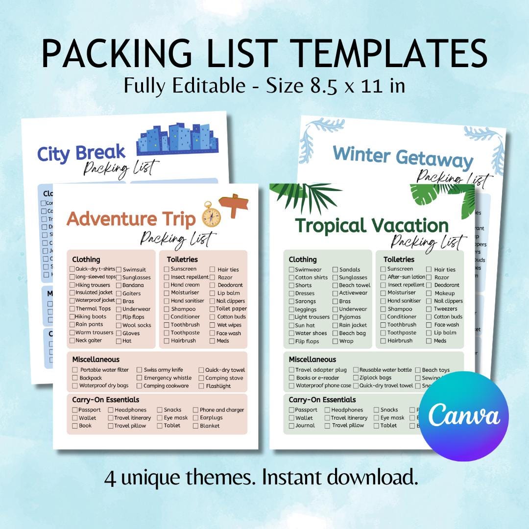 Editable Packing List Templates Canva, Printable Travel Checklist ...