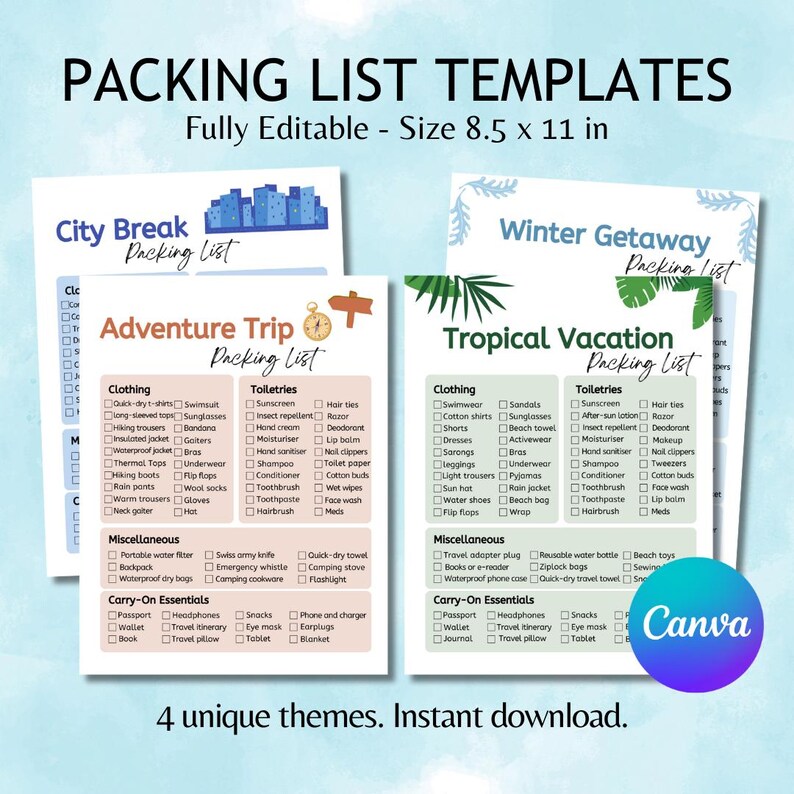 Editable Packing List Templates Canva, Printable Travel Checklist ...