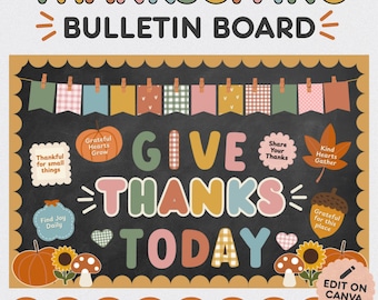 Thanksgiving Bulletin Board Kit, Gratitude Classroom Decor, Editable Canva, Fall Cottagecore Classroom, Thankful Bulletin Board