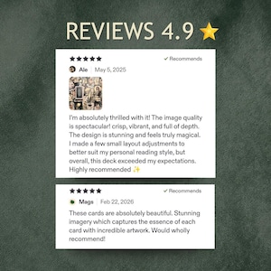 May include: Image of customer reviews with a 4.9-star rating. The reviews are from Ale, May 5, 2025, and Mags, Feb 22, 2026. The reviews praise the image quality, design, and artwork of the product.