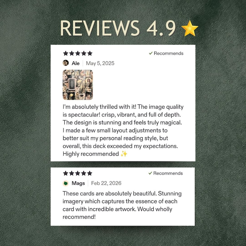 May include: Image of customer reviews with a 4.9-star rating. The reviews are from Ale, May 5, 2025, and Mags, Feb 22, 2026. The reviews praise the image quality, design, and artwork of the product.