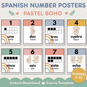 Puede incluir: Un conjunto de carteles educativos titulados SPANISH NUMBER POSTERS PASTEL BOHO, que muestran los números del 1 al 8. Cada cartel presenta un número grande, un marco de diez con puntos o signos de mano, la palabra en español, la palabra en inglés y un arcoíris.