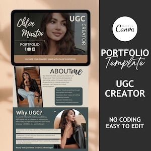 Puede incluir: Una plantilla de portafolio digital para un creador de contenido generado por el usuario (UGC). La plantilla presenta una foto de una mujer con el texto "Chloe Martin" y "Creador UGC" en un esquema de color gris oscuro y blanco. El texto "Plantilla de portafolio" está en un cuadro blanco con un borde gris oscuro. El texto "Sin codificación Fácil de editar" está en un cuadro blanco con un borde gris oscuro.