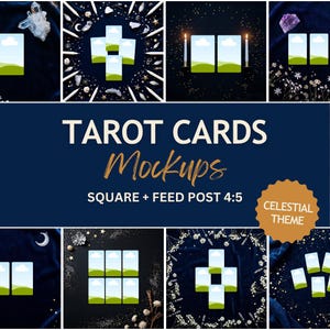 Puede incluir: Imagen azul oscuro con maquetas de cartas del tarot con un tema celestial. Se muestra el texto "TAROT CARDS Mockups", junto con "SQUARE + FEED POST 4:5" y "CELESTIAL THEME". La imagen incluye varios arreglos de maquetas de cartas del tarot.