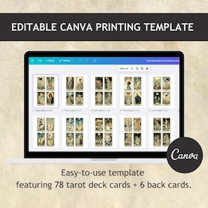 May include: A laptop screen displays a Canva template for a tarot deck. The screen shows multiple tarot card designs with botanical and alchemical themes. Text on the screen reads "EDITABLE CANVA PRINTING TEMPLATE" and "Easy-to-use template featuring 78 tarot deck cards + 6 back cards."