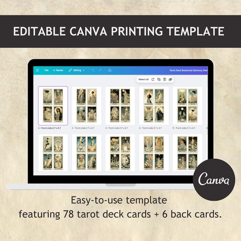 May include: A laptop screen displays a Canva template for a tarot deck. The screen shows multiple tarot card designs with botanical and alchemical themes. Text on the screen reads "EDITABLE CANVA PRINTING TEMPLATE" and "Easy-to-use template featuring 78 tarot deck cards + 6 back cards."