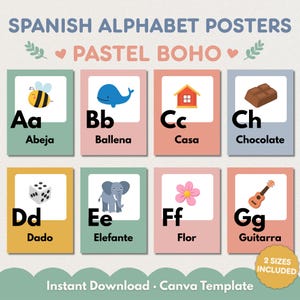 Puede incluir: Un conjunto de pósteres del alfabeto español con fondos pastel que incluyen ilustraciones para las letras Aa a Gg, como abeja, ballena, casa, chocolate, dado, elefante, flor y guitarra, con el texto Spanish Alphabet Posters Pastel Boho.