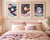 Tarot Art Prints Set of 3, The Sun The Moon The Star, Boho Celestial Wall Art, Digital Download
