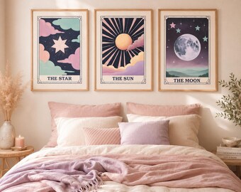 Tarot Art Prints Set of 3, The Sun The Moon The Star, Boho Celestial Wall Art, Digital Download