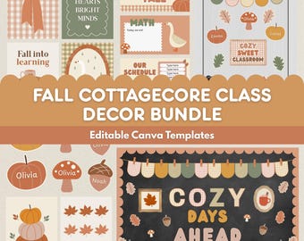 Fall Cottagecore Classroom Decor Bundle, Cozy Editable Canva Bulletin Board Kit, Daily Slides, Door Display, Autumn Teacher Printable